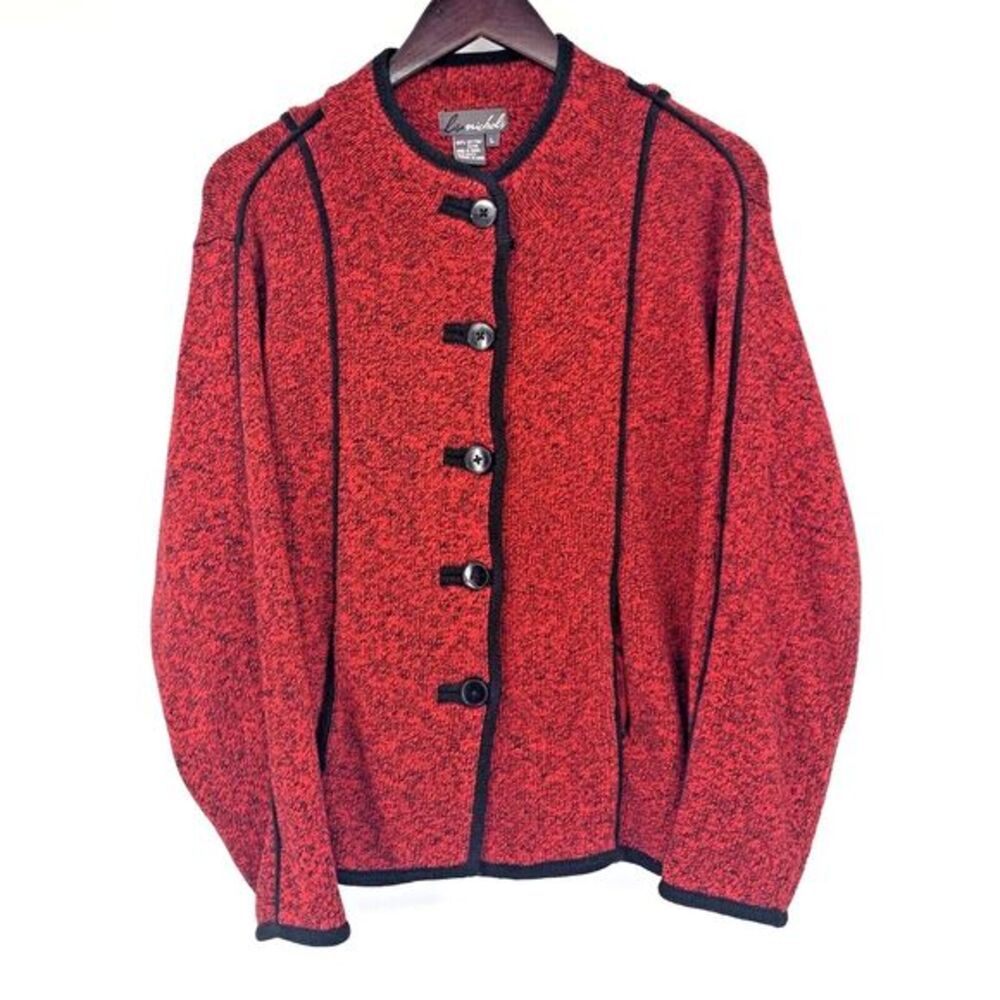Lisa Nichols Red with Black Trim Button Down Women's Cardigan Sweater Size Large - Picture 4 of 10